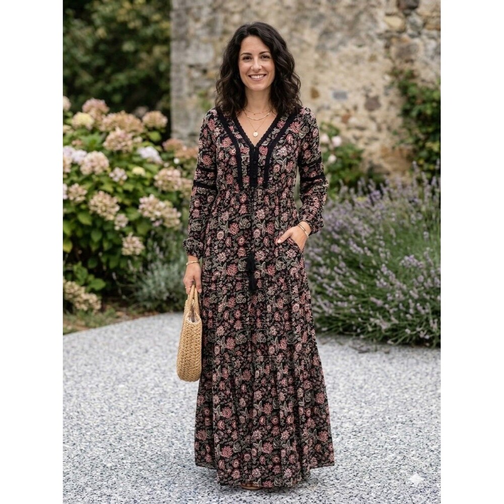 Wonderly Women's Tiered Black Maxi Dress Featuring A Multicolor Floral Size SM